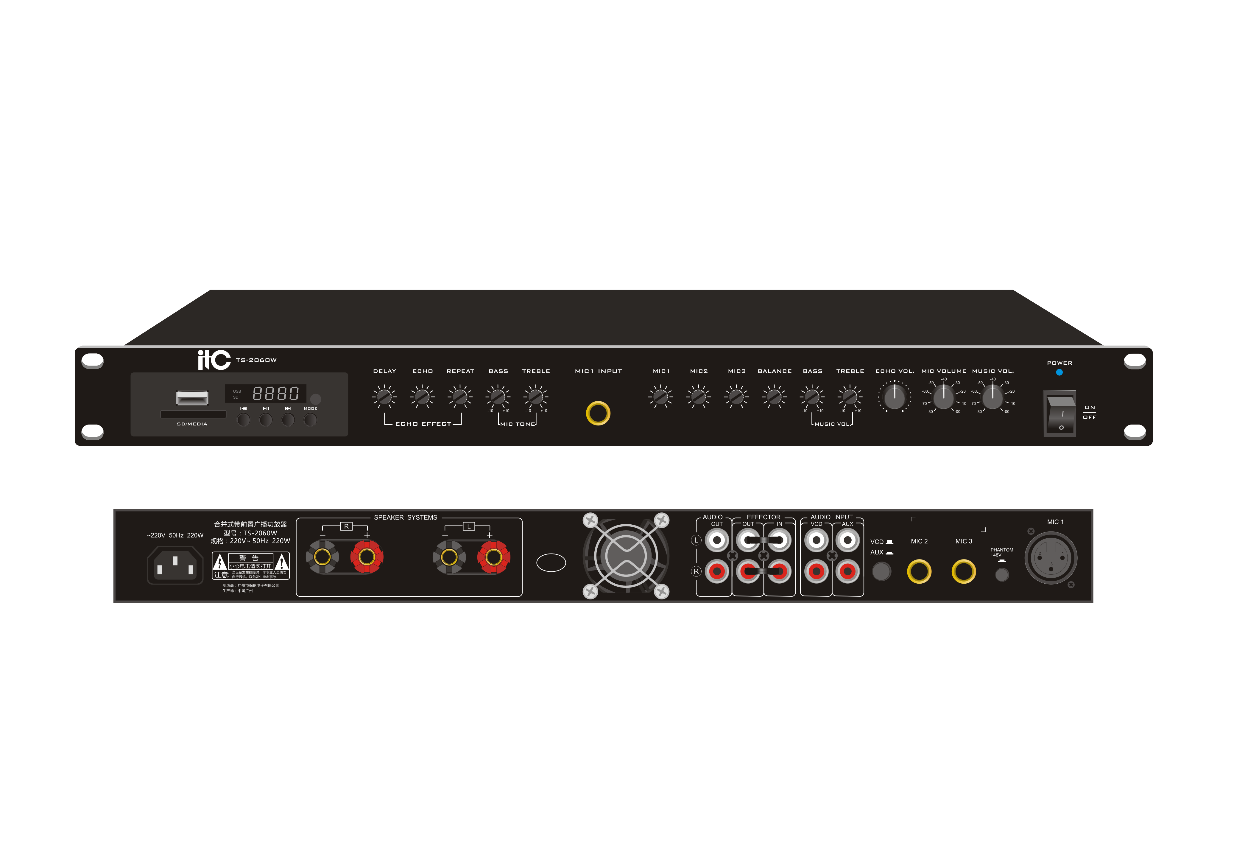 ITC TS-2060W 2-канальный усилитель,2*60 Вт @ 8 Ом, SD/USB,MP3, Bluetooth